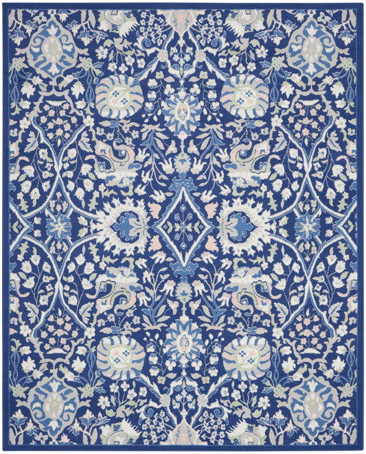 Rectangular blue and ivory Persian-style floral damask rug with symmetric medallions.