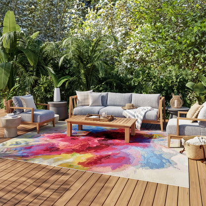 Abstract multicolor flatweave rug, 8x10, indoor/outdoor, easy-care polypropylene polyester blend, modern contemporary area rug for living room porch patio décor