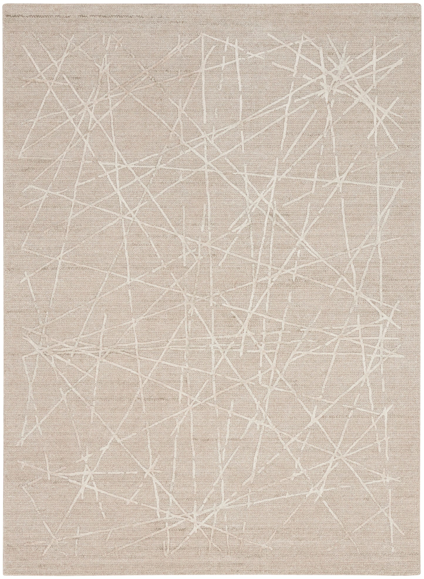Beige flat-weave area rug with an abstract white crisscross line pattern; modern minimalist style.