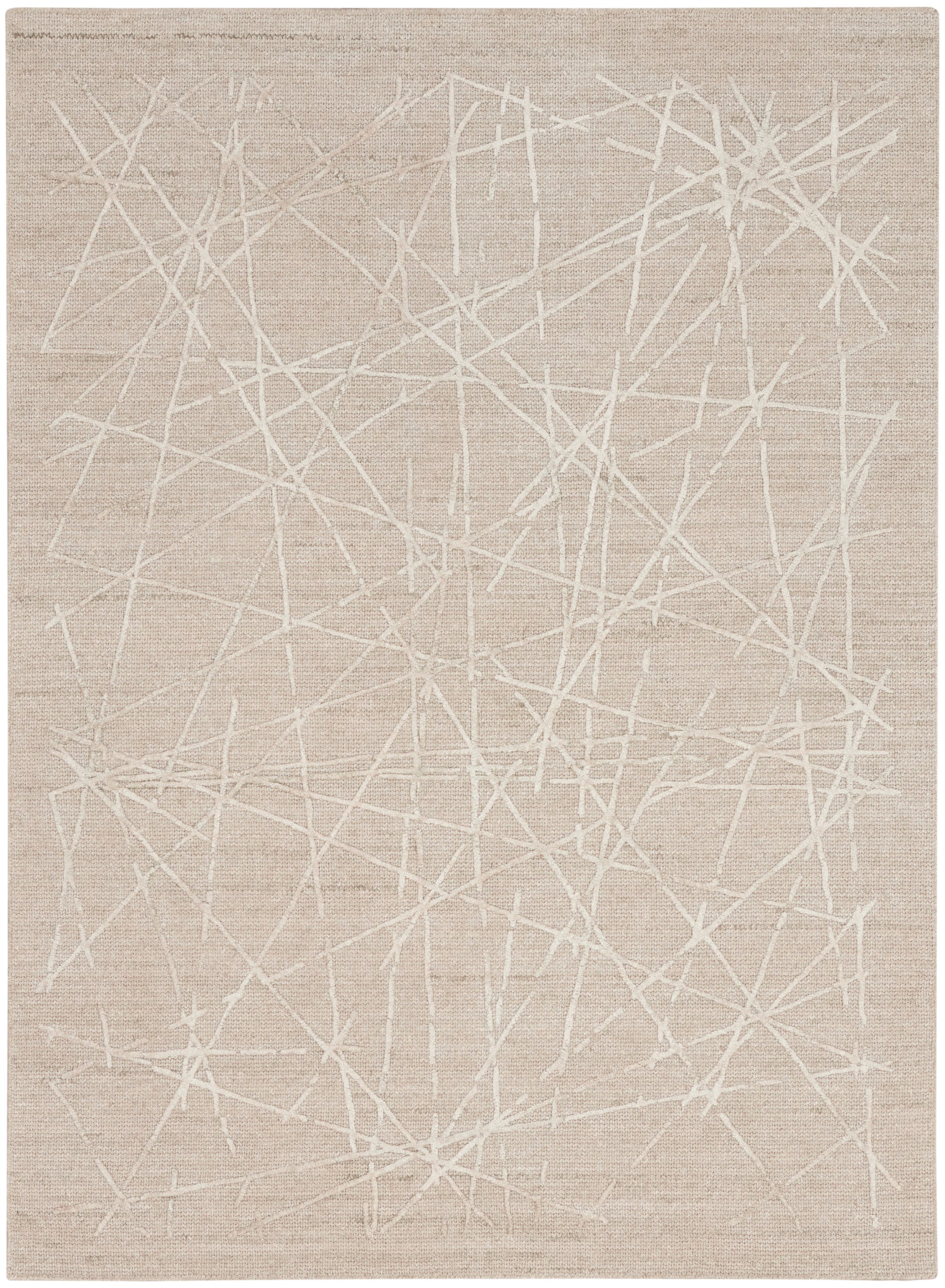 Beige flat-weave area rug with an abstract white crisscross line pattern; modern minimalist style.