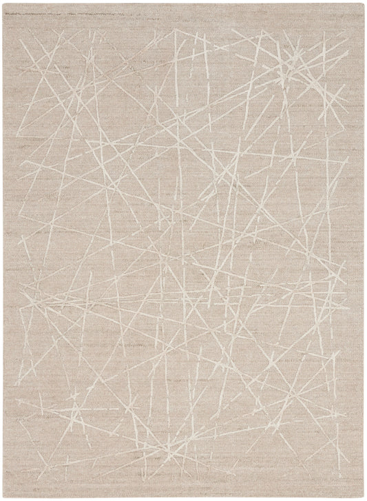 Beige flat-weave area rug with an abstract white crisscross line pattern; modern minimalist style.