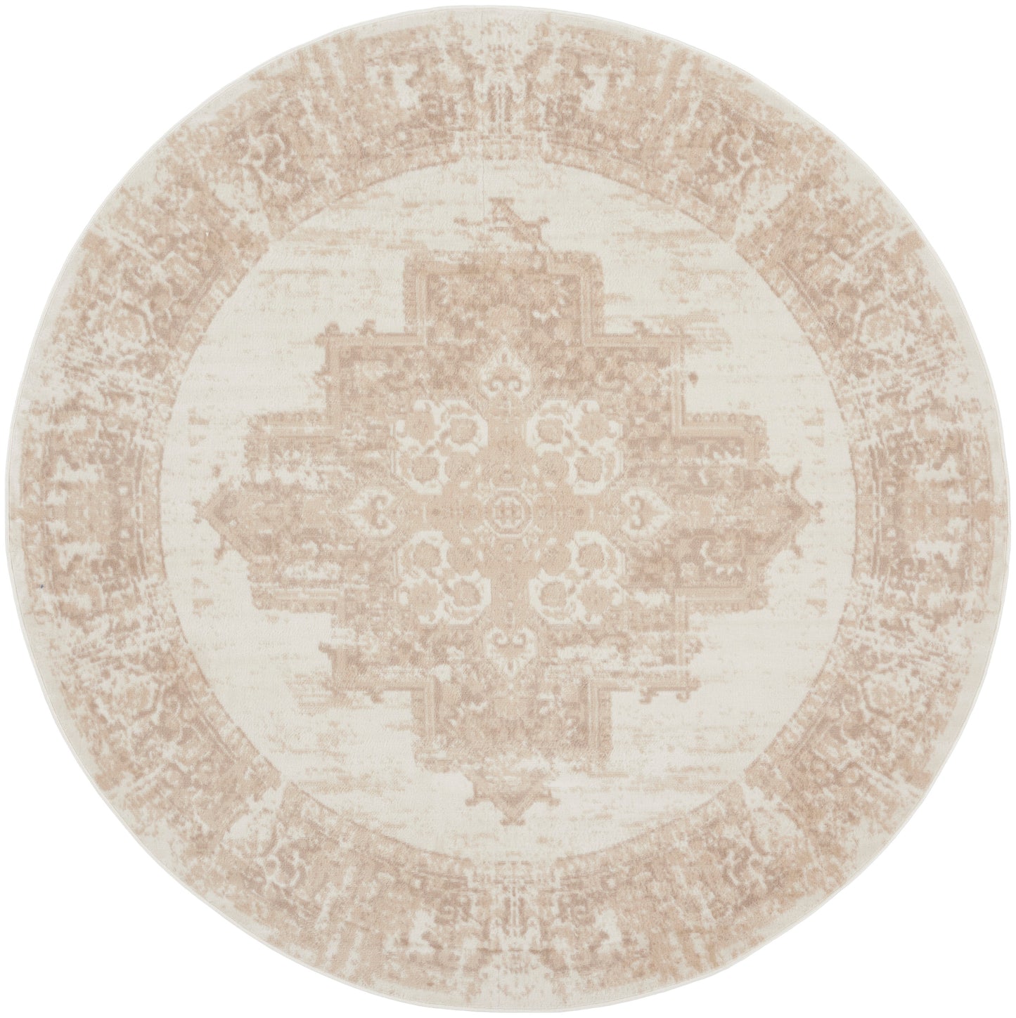 Round beige distressed oriental rug with cream center and tan border, vintage medallion design.