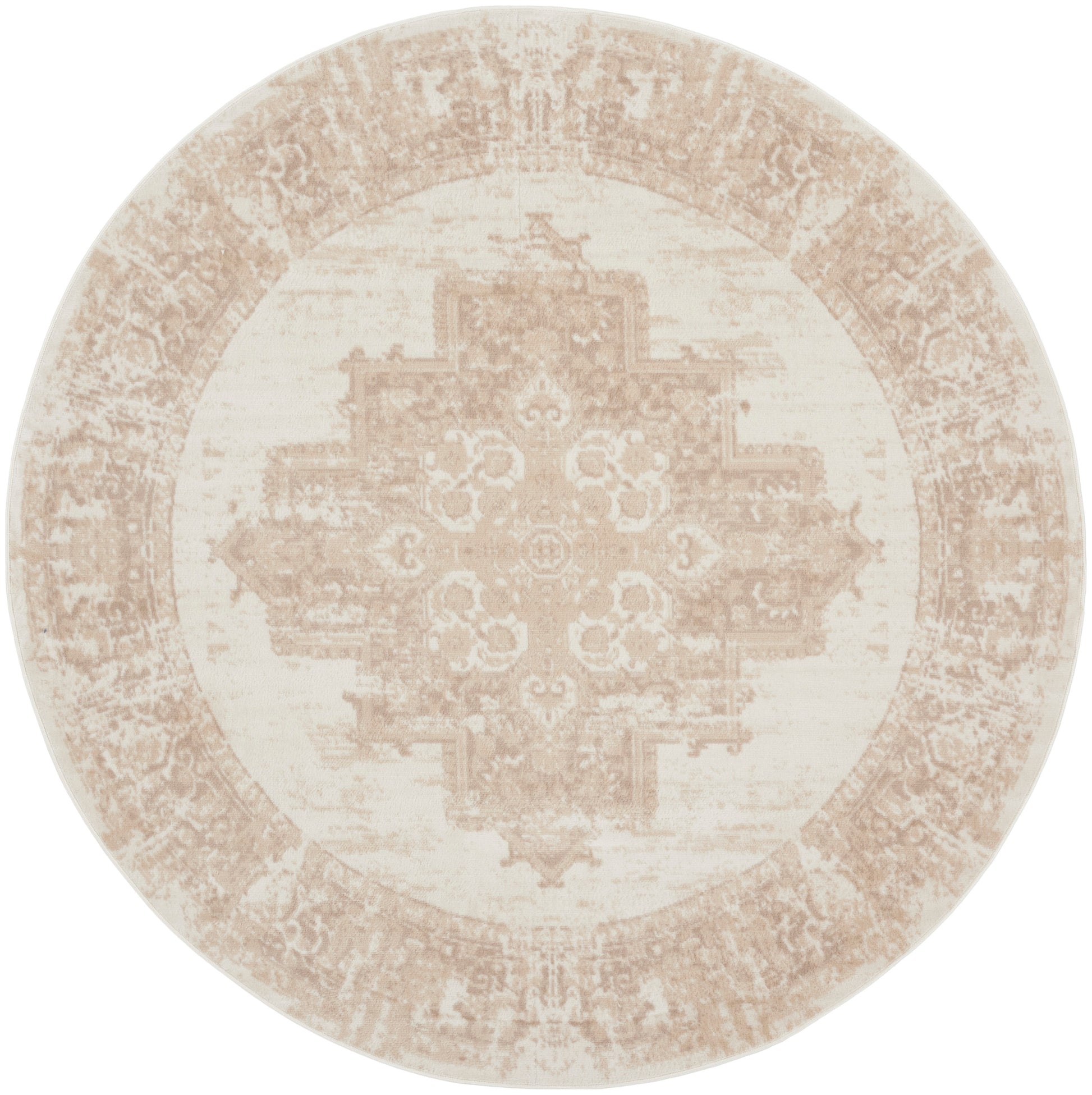 Round beige distressed oriental rug with cream center and tan border, vintage medallion design.
