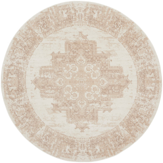 Round beige distressed oriental rug with cream center and tan border, vintage medallion design.