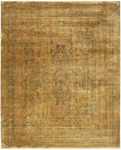 Distressed vintage Persian-style area rug in amber-gold hues with a central medallion and intricate floral border.
