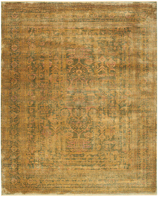 Distressed vintage Persian-style area rug in amber-gold hues with a central medallion and intricate floral border.