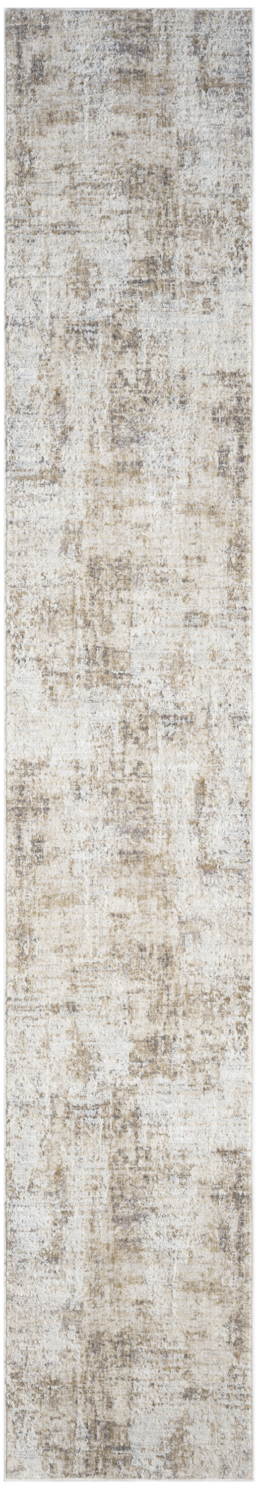 Neutral distressed-pattern runner rug in beige, taupe and gray; long hallway rug with soft, muted tones.