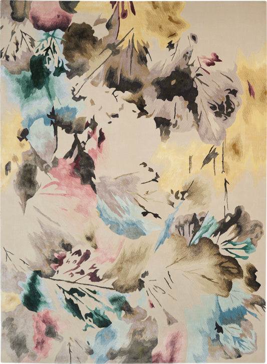Abstract pastel floral rug with cream base; soft pink, blue, yellow, green blooms in watercolor strokes.