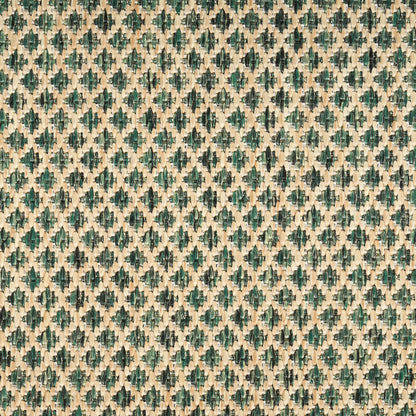 Beige woven jacquard rug, 8' round, with repeating dark green diamond motifs; textured surface.