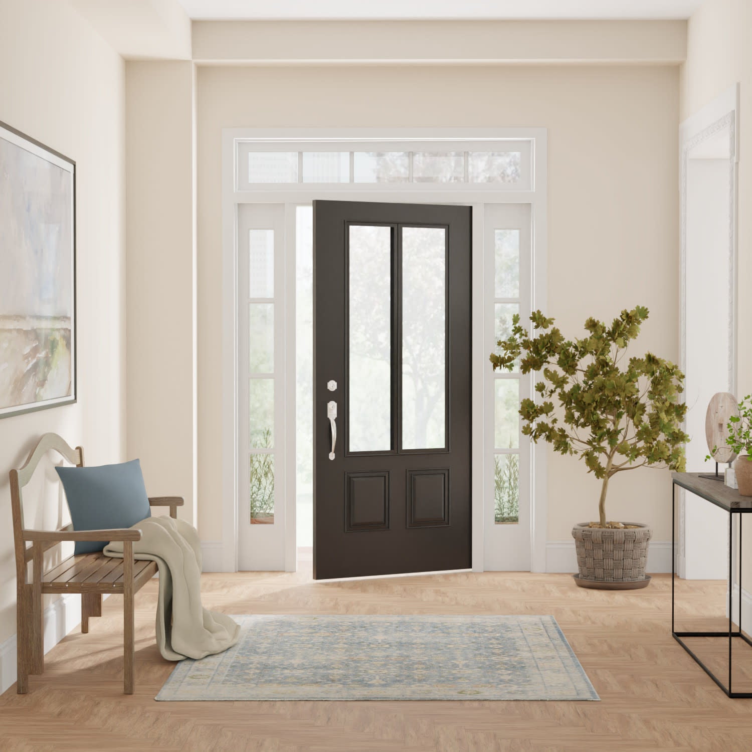 Modern entryway with black front door, sidelights, pale walls, light wood floor, blue bench and rug, and a potted plant.