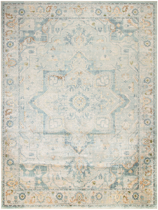 Vintage-style distressed blue and ivory rug with central medallion and floral border.