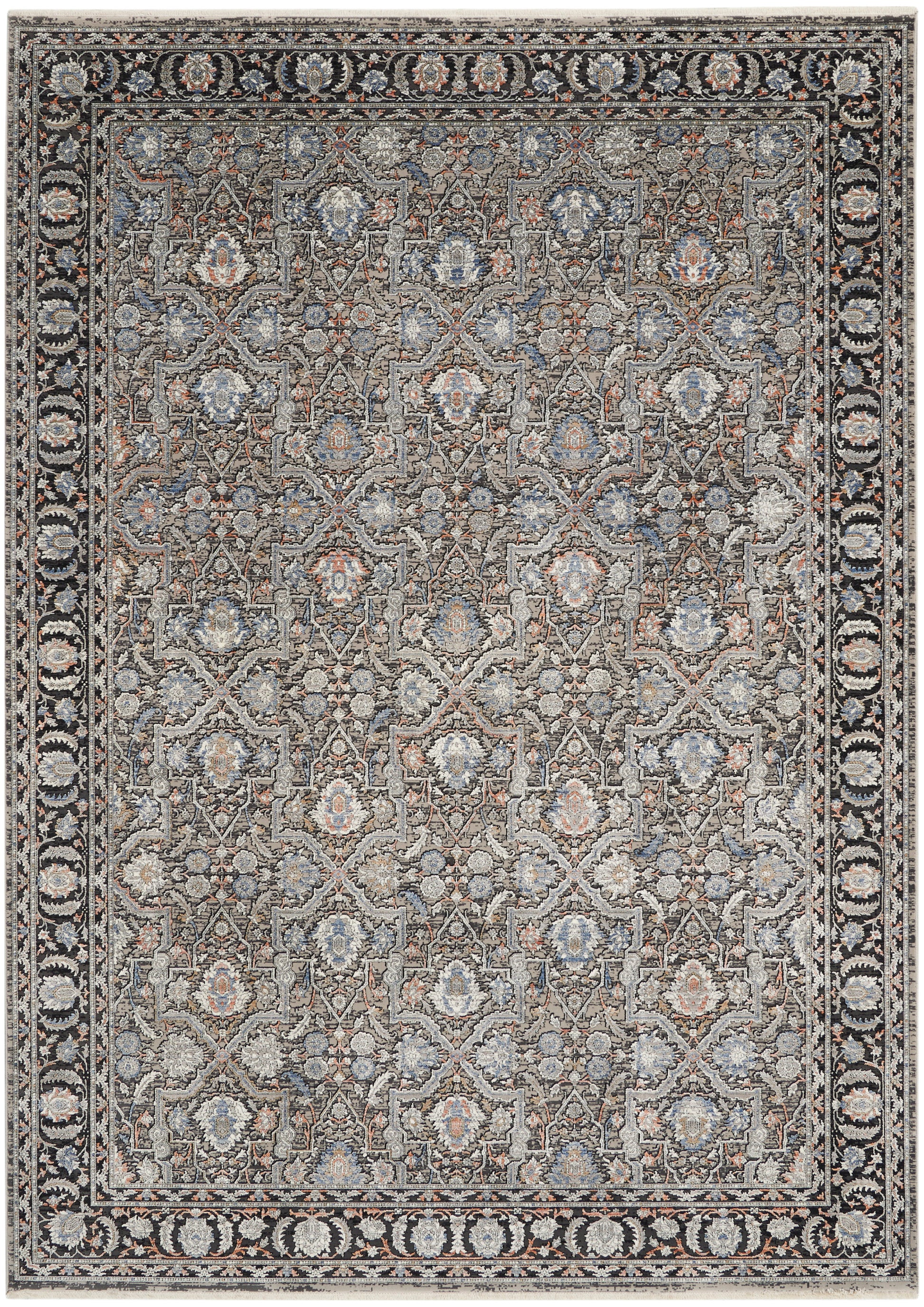 Rectangular traditional Persian-style area rug with gray, blue and ivory floral lattice; ornate dark border.
