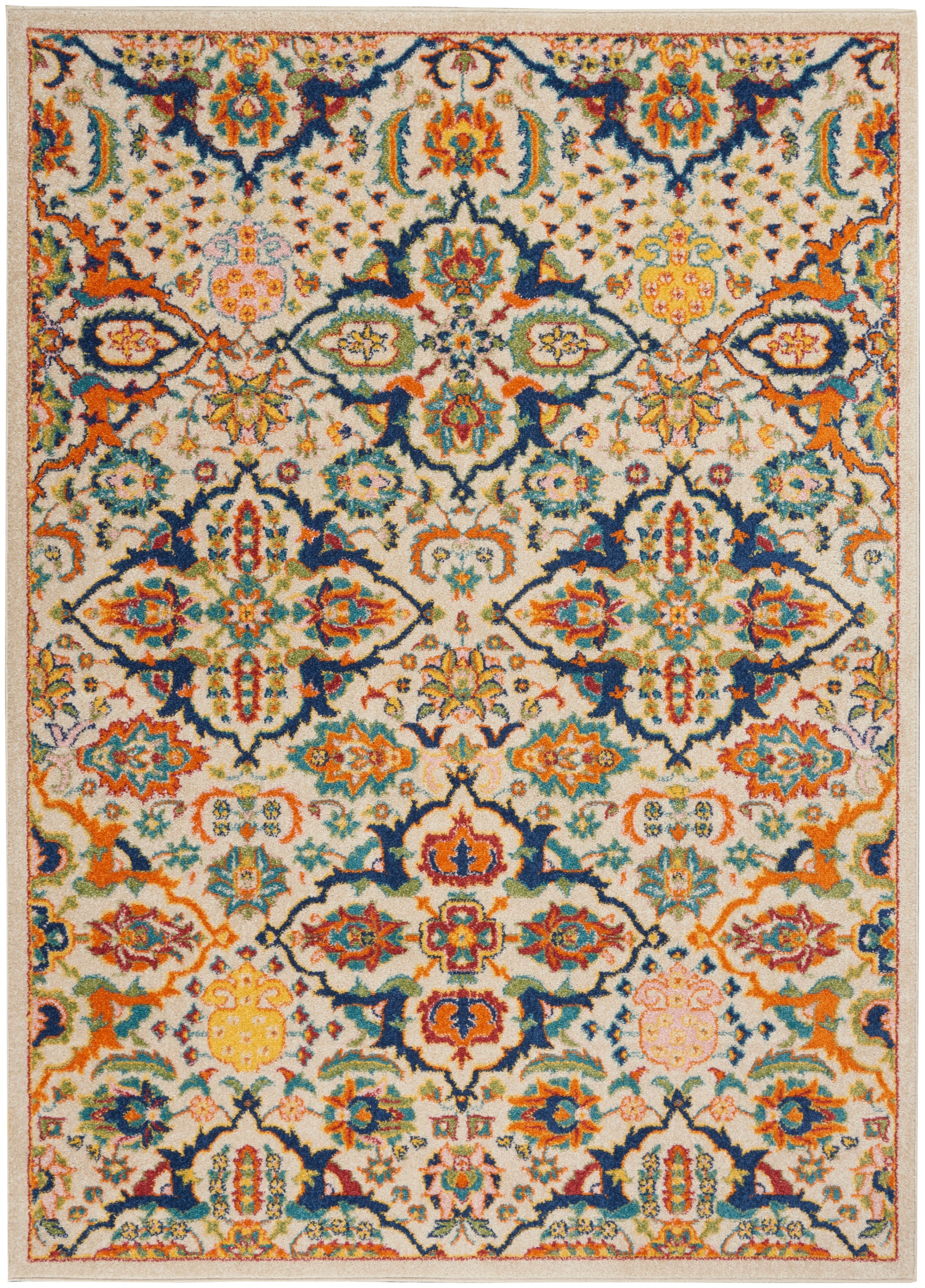Cream background Persian-style rug with vibrant blue, teal, orange and yellow floral medallions and ornate border.