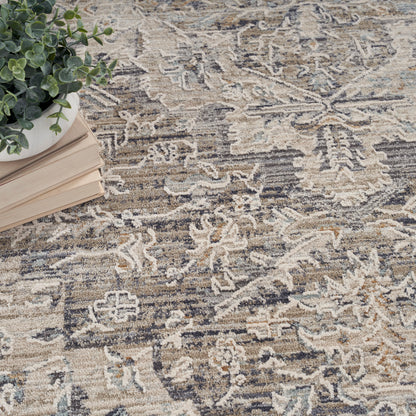 Patterned beige and gray vintage rug with blue accents, a stack of books topped by a green potted plant.