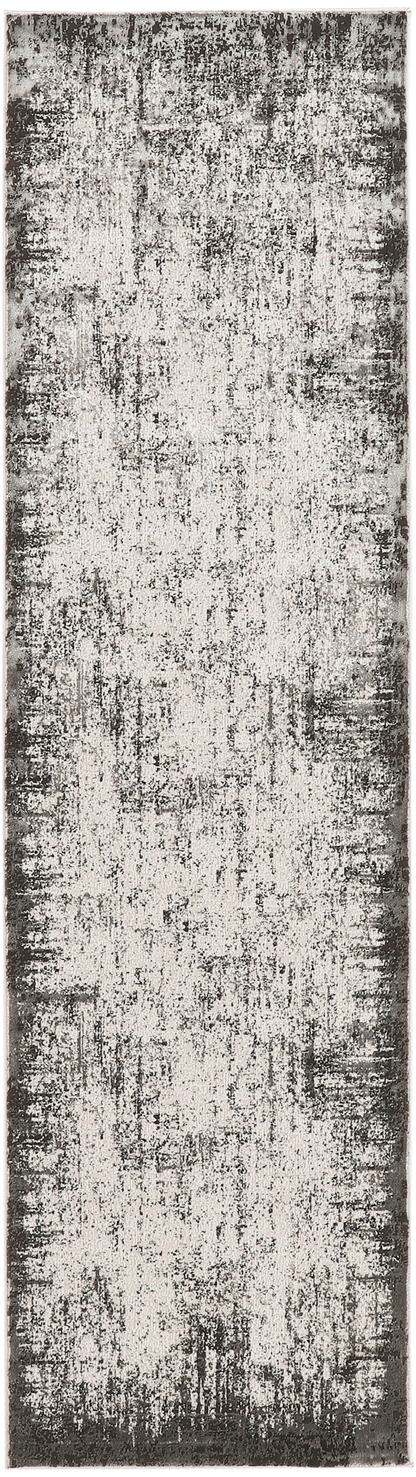 Rectangular distressed grey-beige runner rug with abstract textural pattern; low-pile, contemporary hall/foyer decor.