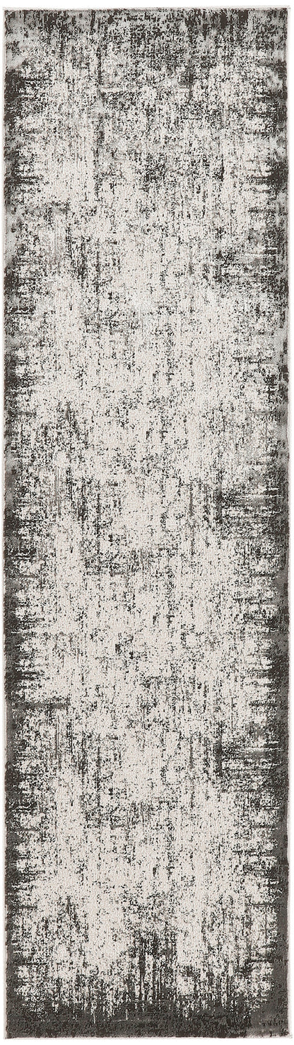 Rectangular distressed grey-beige runner rug with abstract textural pattern; low-pile, contemporary hall/foyer decor.