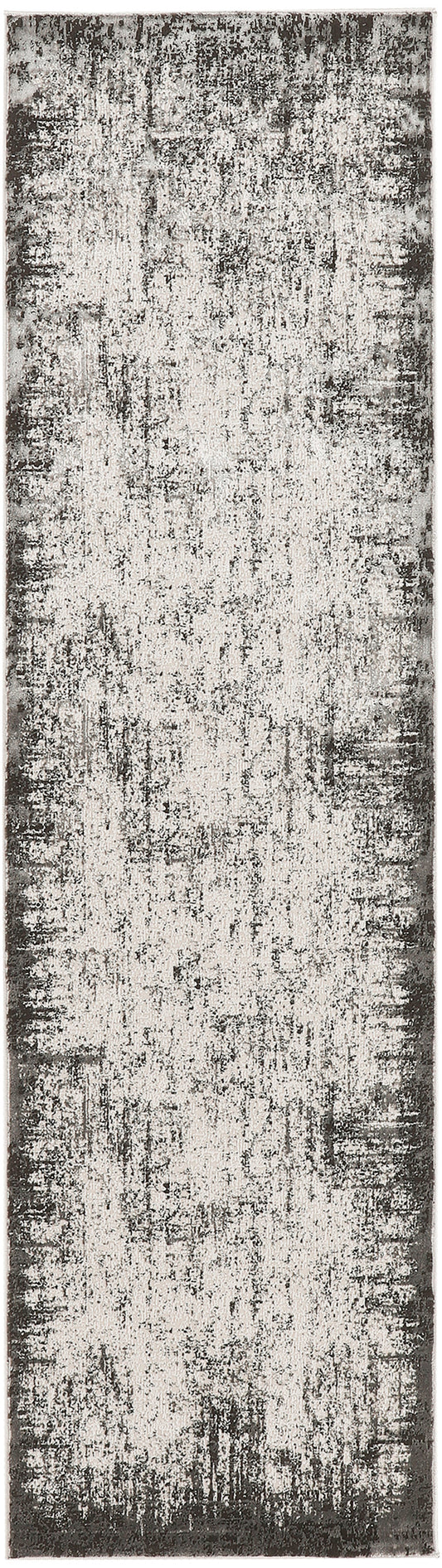 Rectangular distressed grey-beige runner rug with abstract textural pattern; low-pile, contemporary hall/foyer decor.