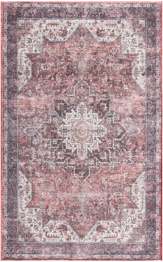 Distressed red Persian-style rug with ivory central medallion, intricate floral motifs and antiqued border.