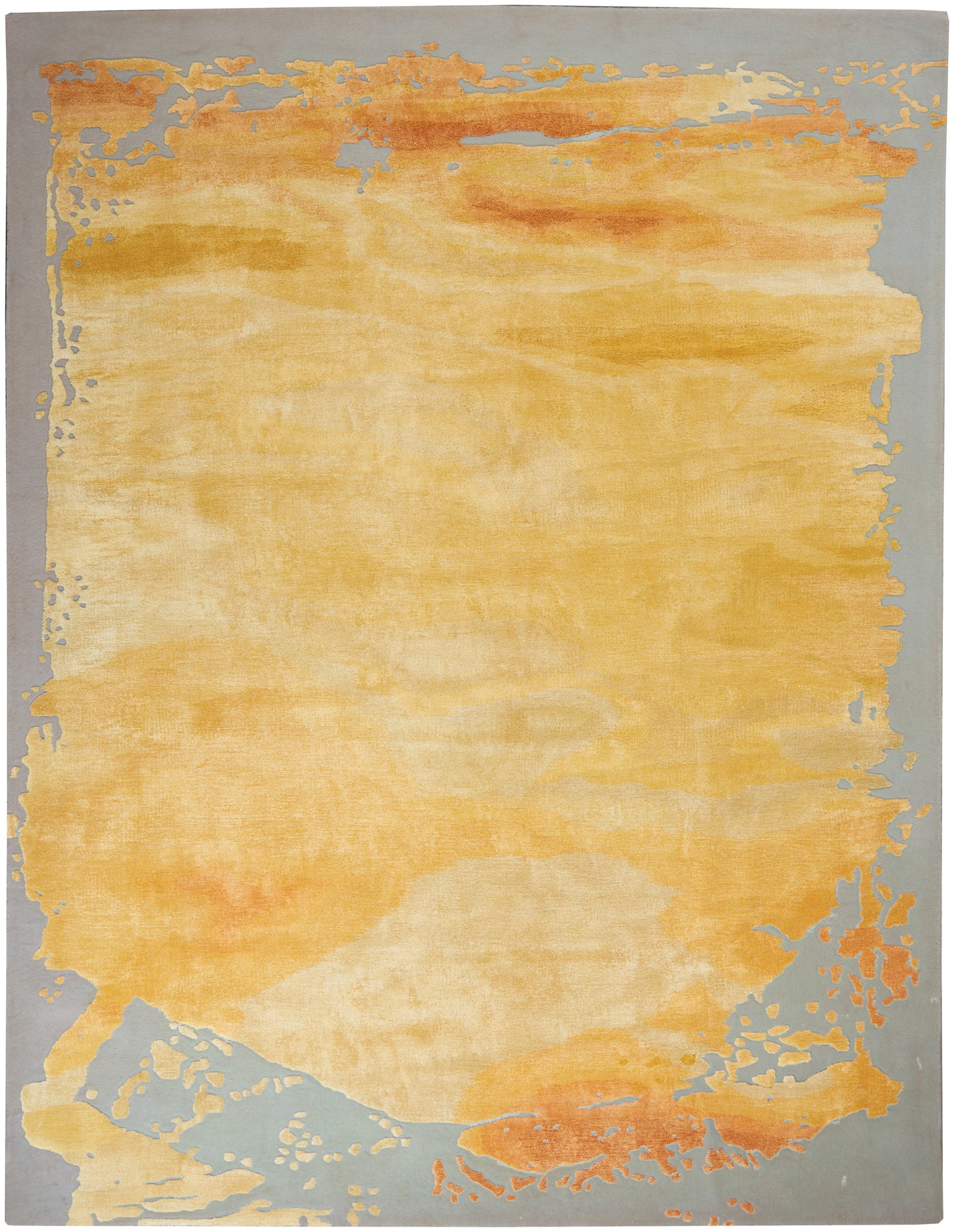 Abstract area rug with warm yellow-gold center fading to pale cream, framed by cool gray-blue border and distressed edge.