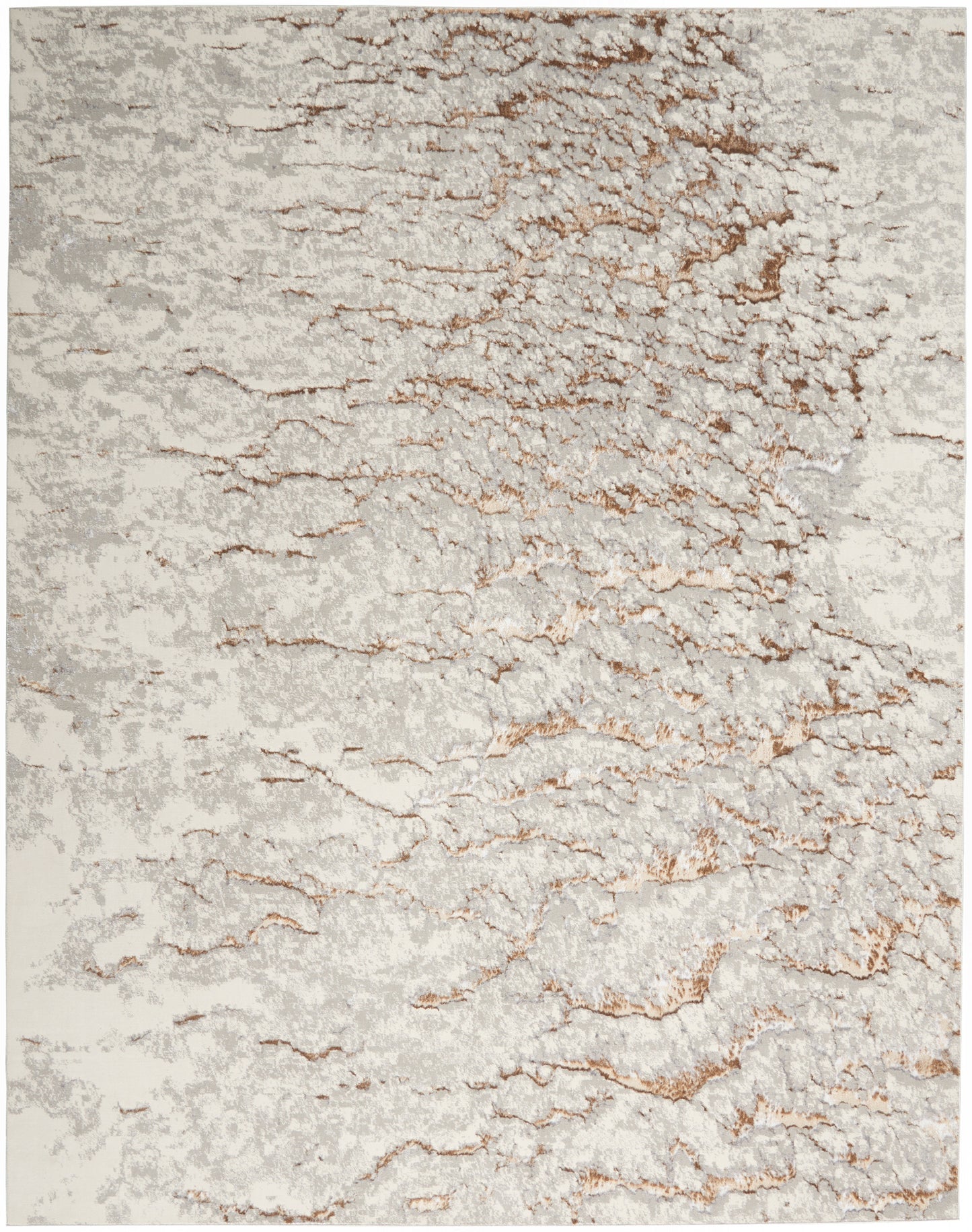 Abstract marble-effect rug with a light gray base and copper-brown veining.