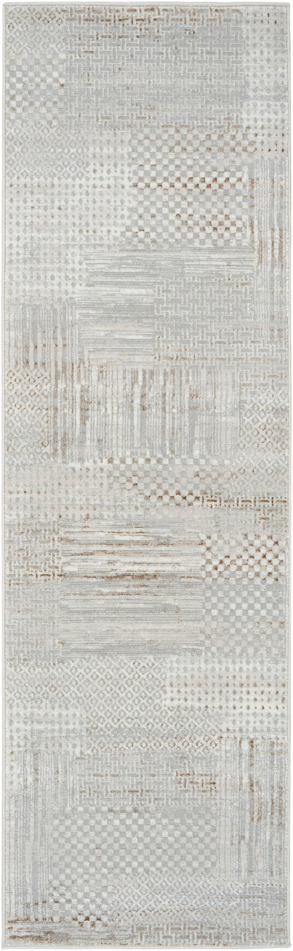 8' long patchwork rug runner in neutral cream, ivory and taupe tones with varied woven textures.