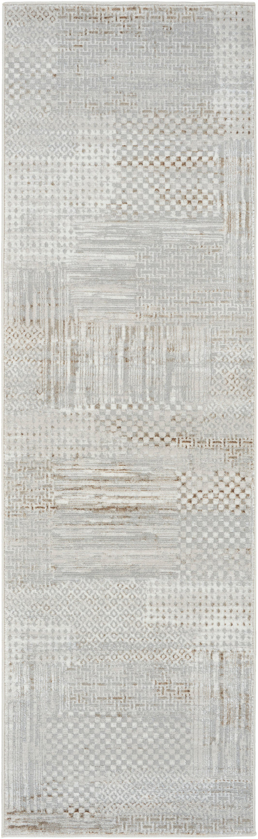 8' long patchwork rug runner in neutral cream, ivory and taupe tones with varied woven textures.