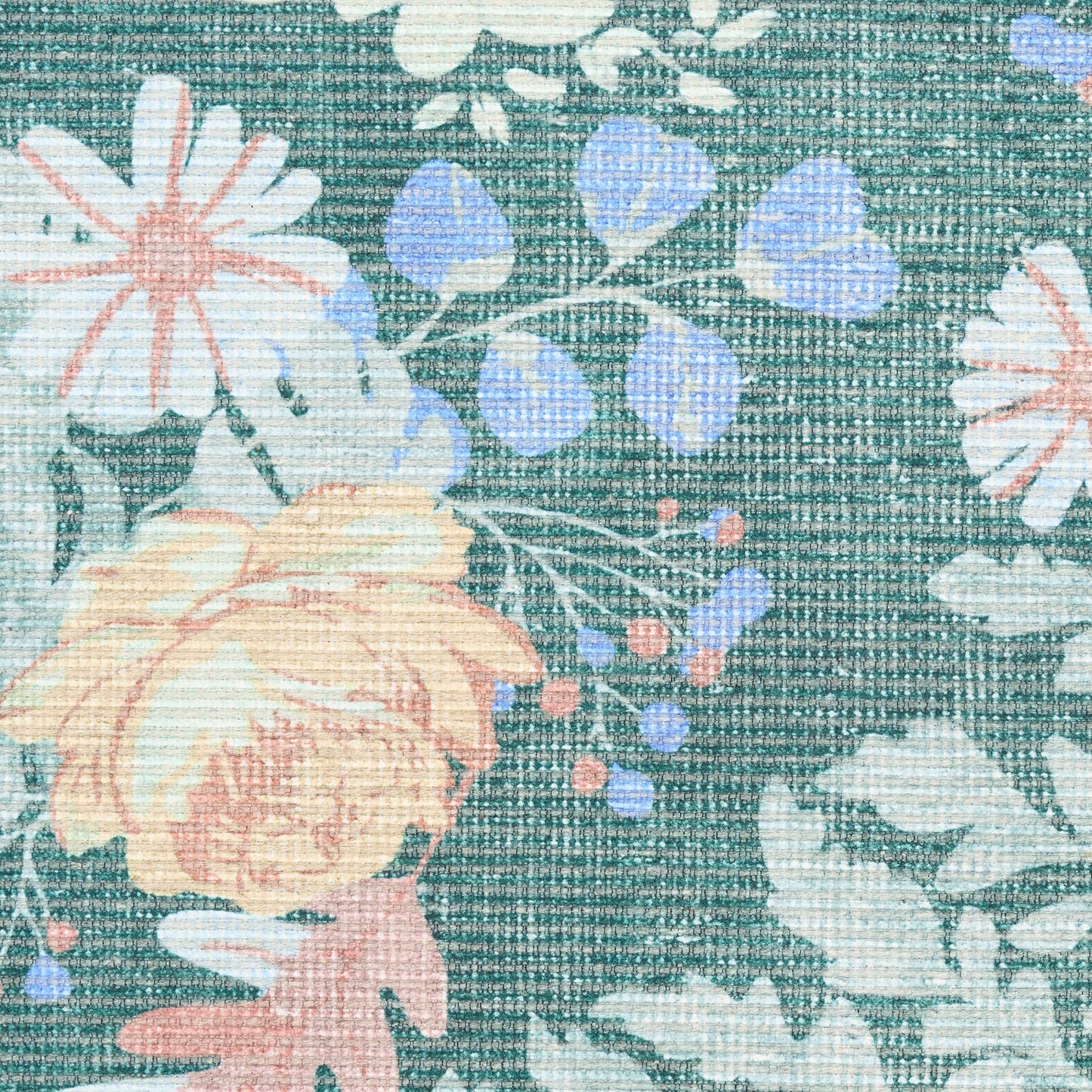 Teal floral rug with peach roses, white daisies, and purple berries in a vintage botanical print.