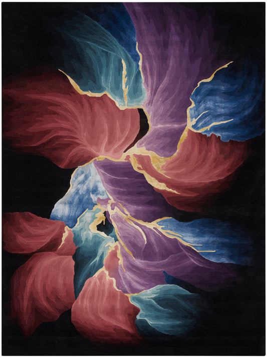 Abstract floral rug with red, purple, teal and blue petals on a black background; contemporary art-inspired design.