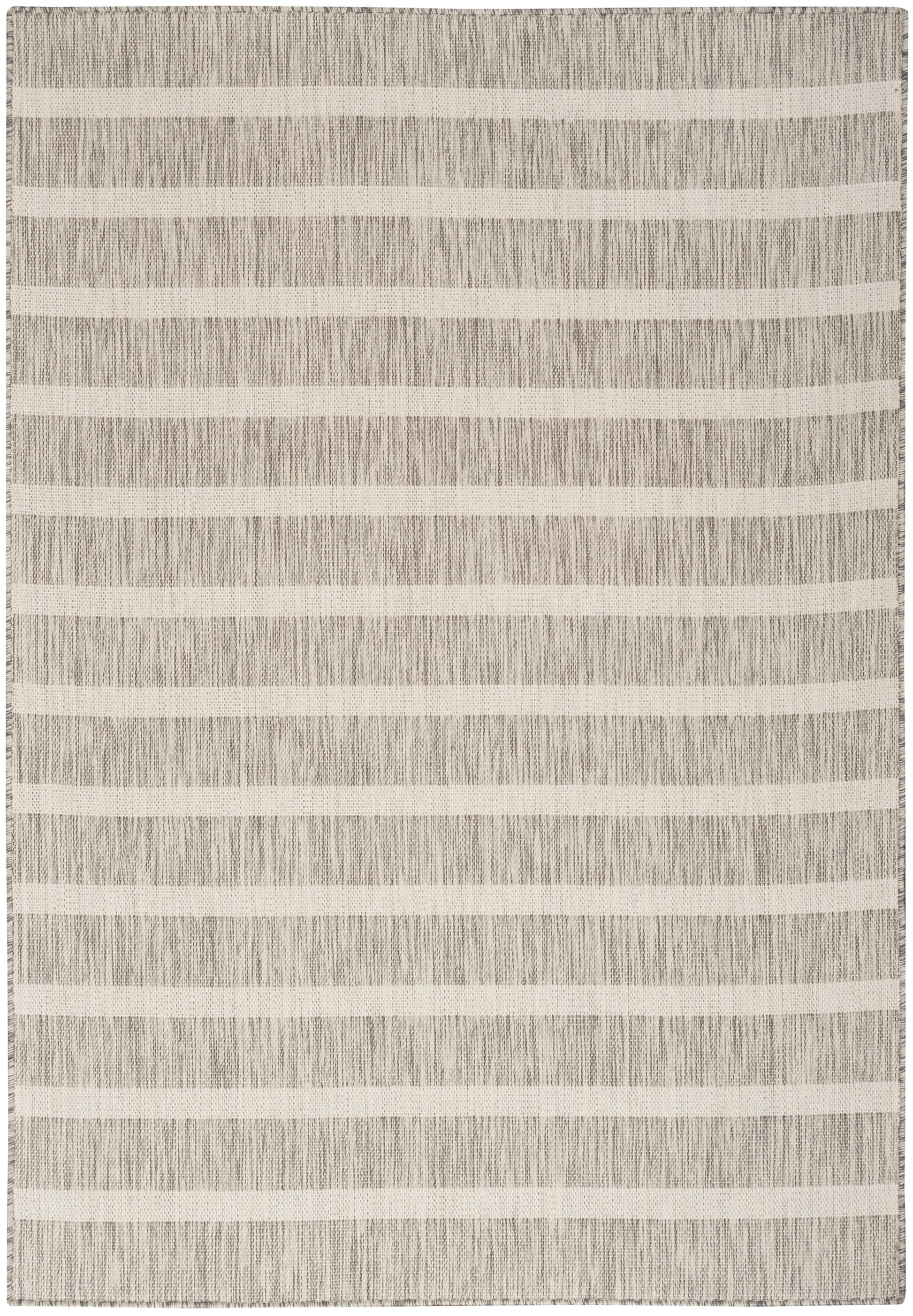 Neutral striped area rug with cream horizontal bands and gray woven texture, rectangular.