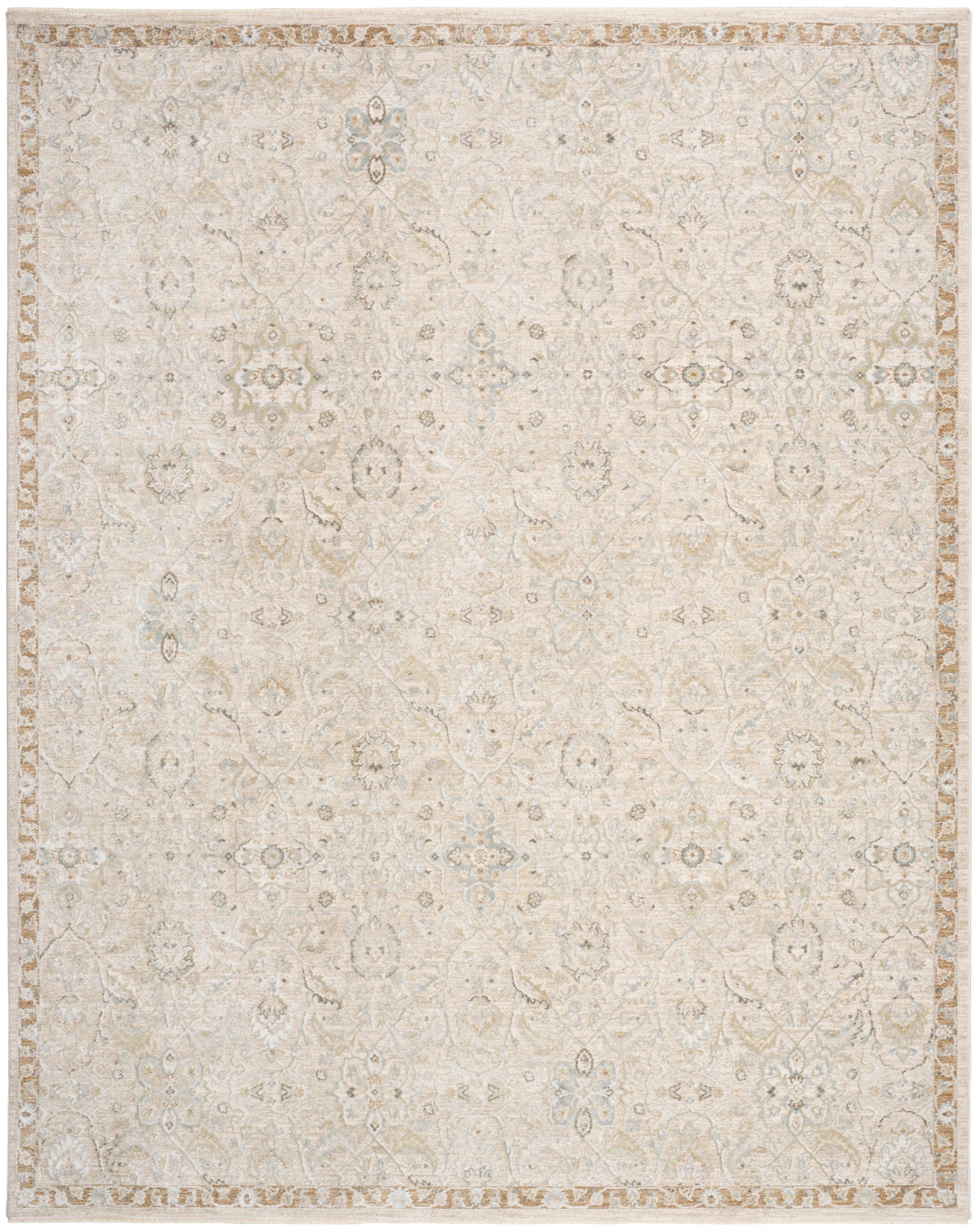Cream rug with delicate distressed oriental medallion pattern and light beige border.