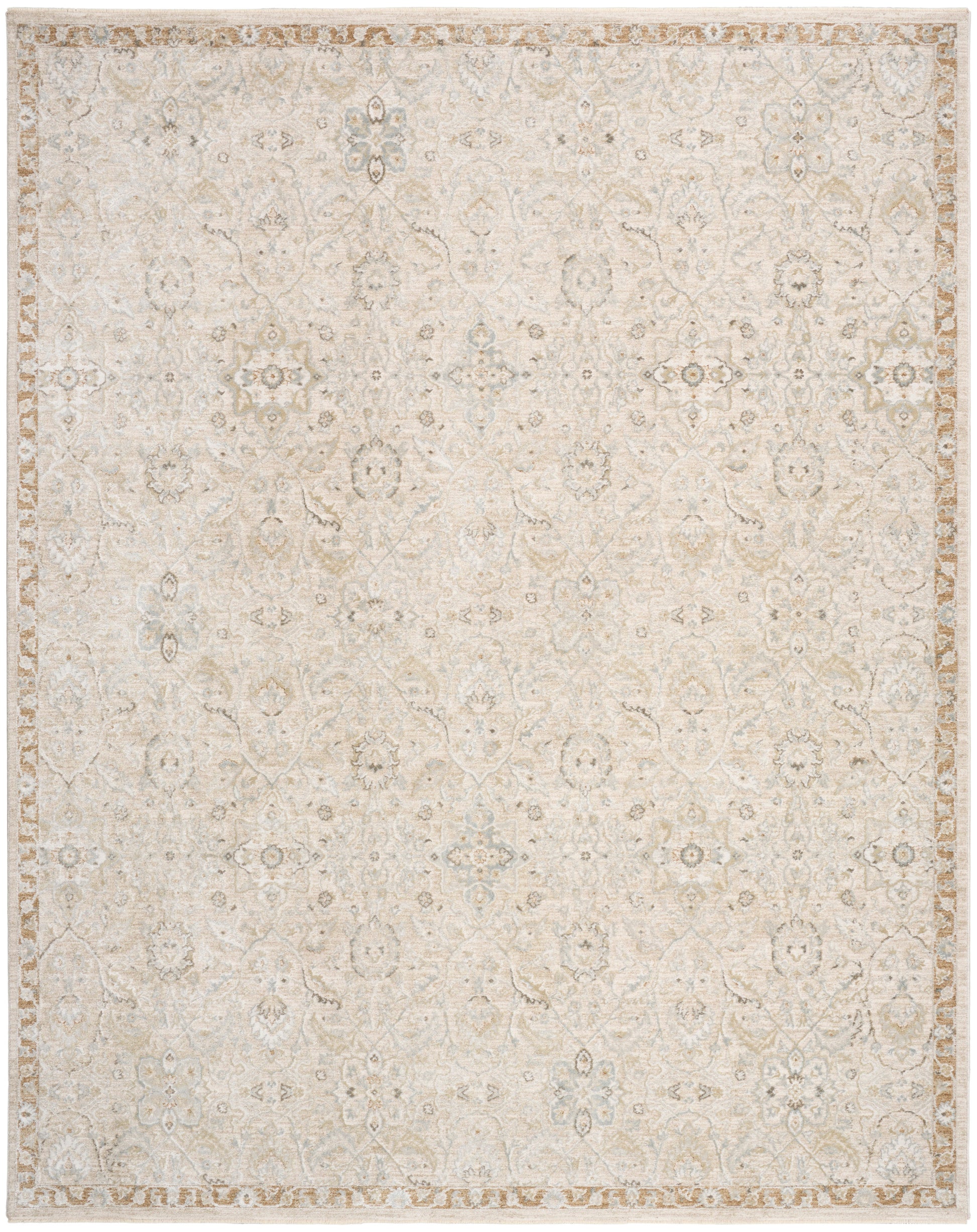 Cream rug with delicate distressed oriental medallion pattern and light beige border.