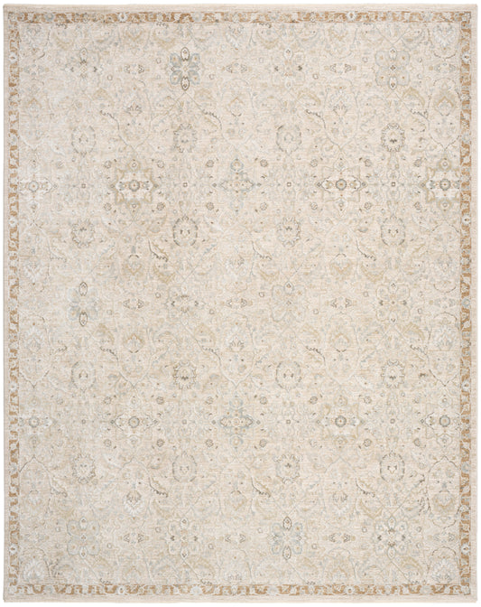 Cream rug with delicate distressed oriental medallion pattern and light beige border.