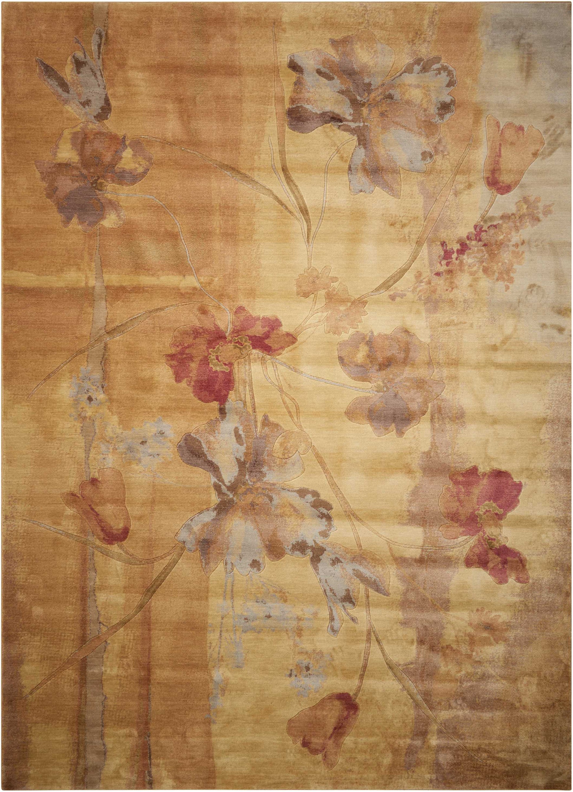 Golden beige area rug with faded pastel floral motif in pink, purple and blue tones.