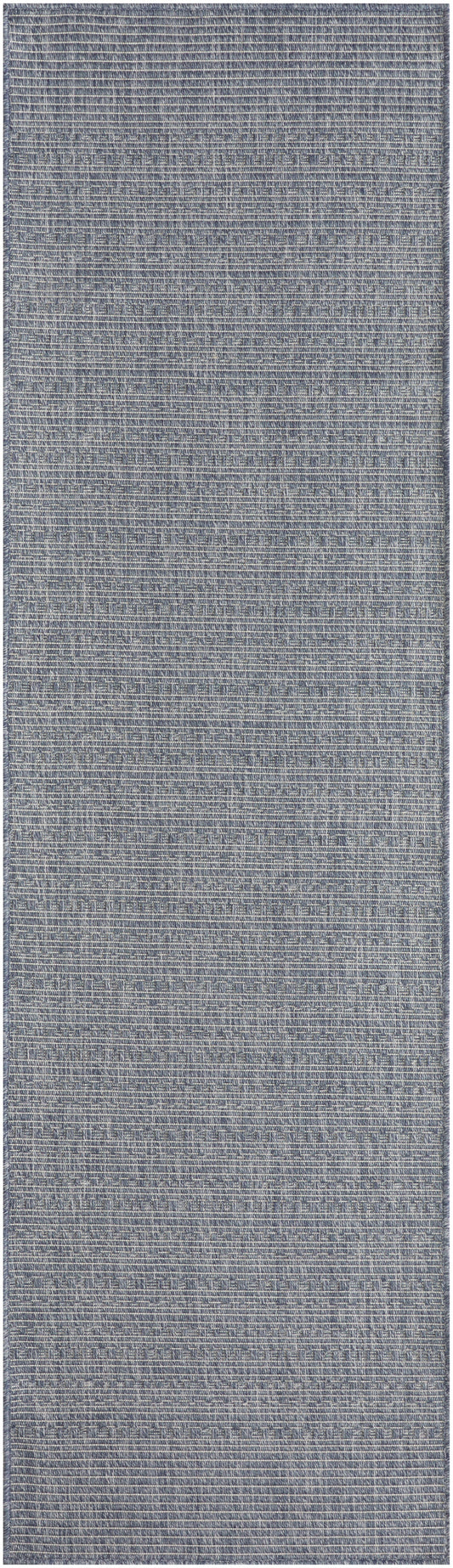 Blue-gray woven hallway runner rug with subtle horizontal stripe texture and soft dense pile.