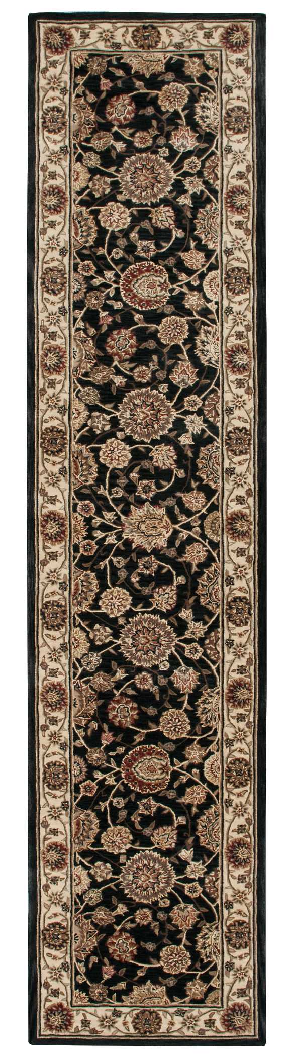 Persian-style Oriental runner rug: black field, cream floral motifs, red accents, light beige border.