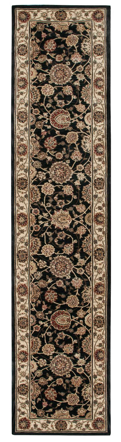 Persian-style Oriental runner rug: black field, cream floral motifs, red accents, light beige border.
