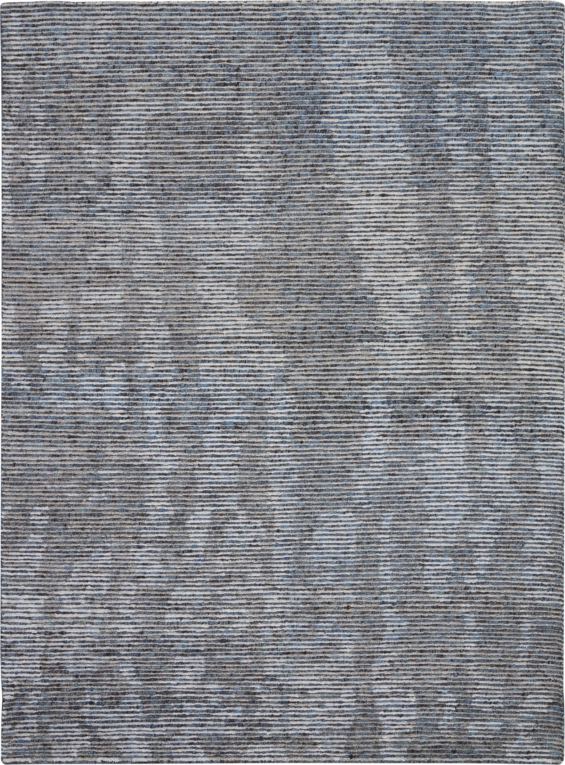 Rectangular blue-gray woven rug with subtle marbled abstract pattern and tonal stripes; modern living room decor.