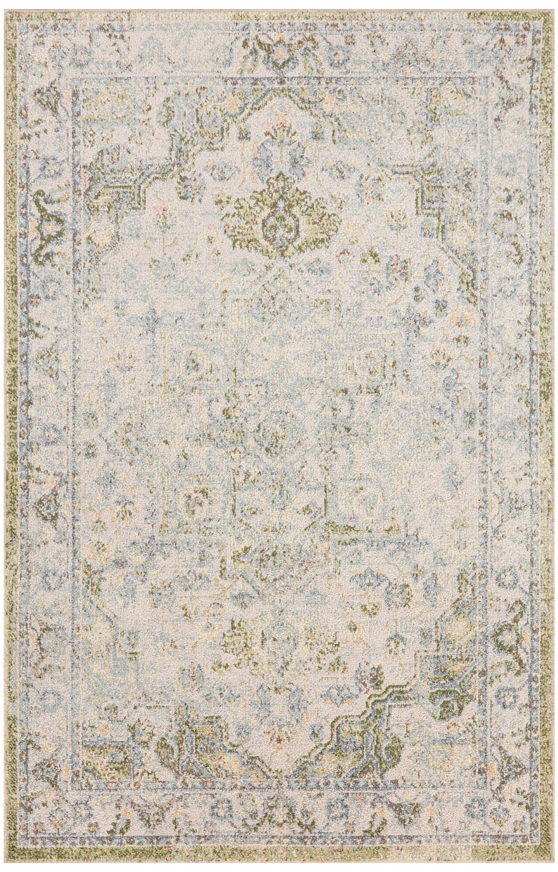 Ivory Persian-style area rug with distressed blue & beige floral medallion pattern and ornate border