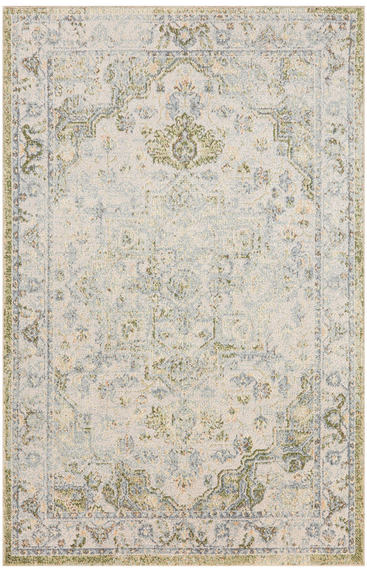 Ivory Persian-style area rug with distressed blue & beige floral medallion pattern and ornate border