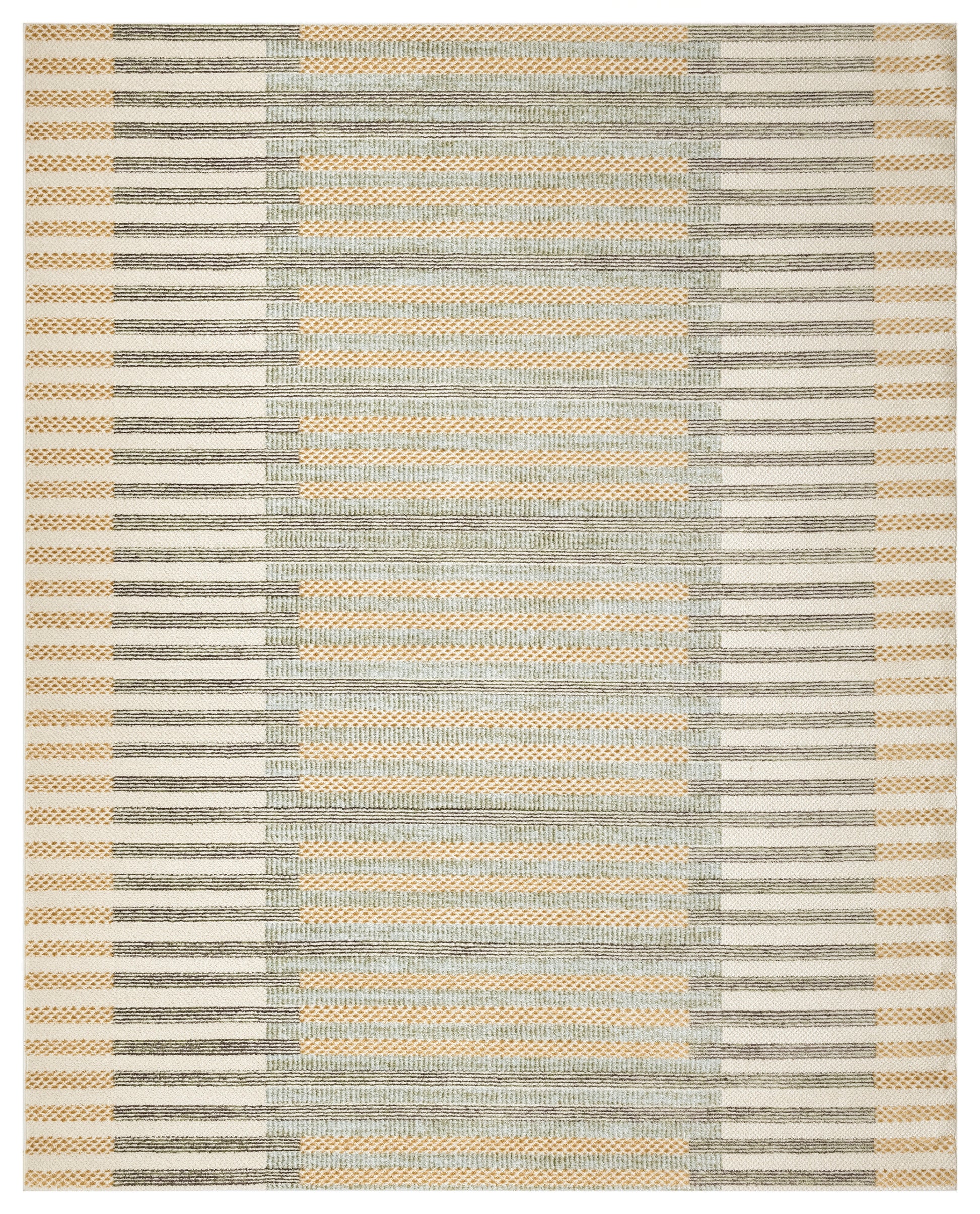 Rectangular woven rug with beige, grey and pale orange geometric stripes; modern living room decor.