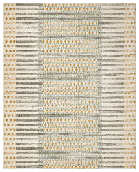 Rectangular woven rug with beige, grey and pale orange geometric stripes; modern living room decor.