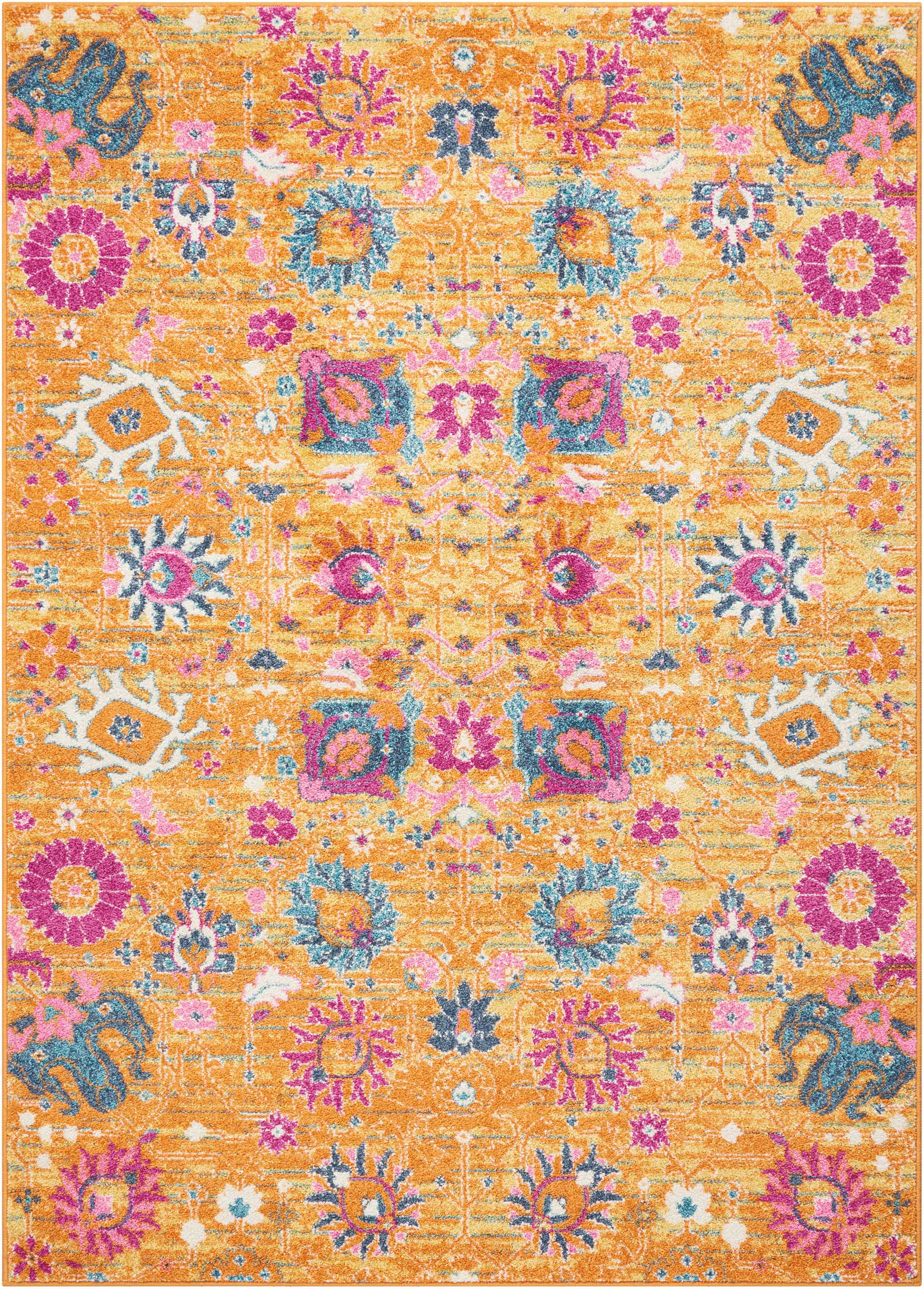 Orange-based floral rug with pink, blue and teal accents in an ornate oriental pattern and distressed texture.
