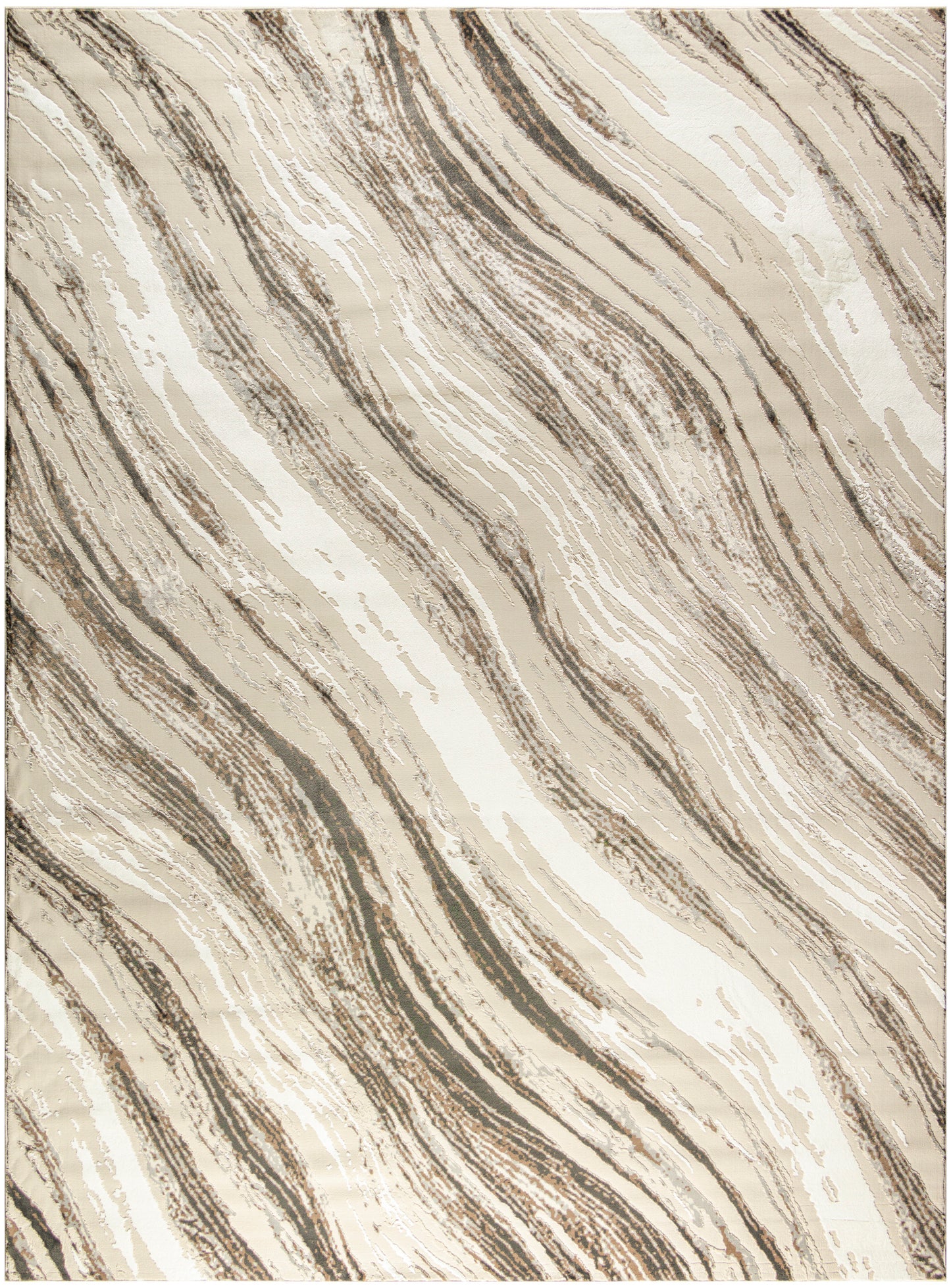 Soft neutral area rug with cream, beige and taupe flowing wave stripes for a modern, muted look.