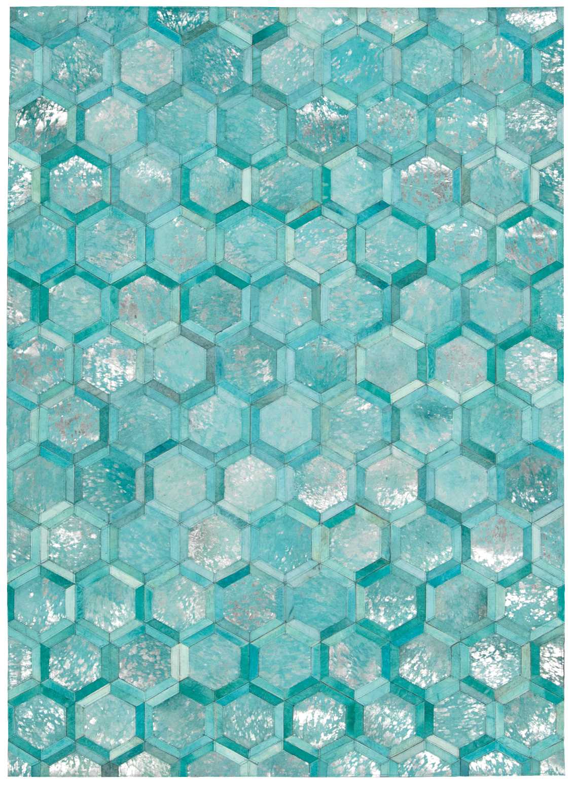 Turquoise hexagon tile mosaic with 3D cube illusion; glassy teal finish and varied teal shades.
