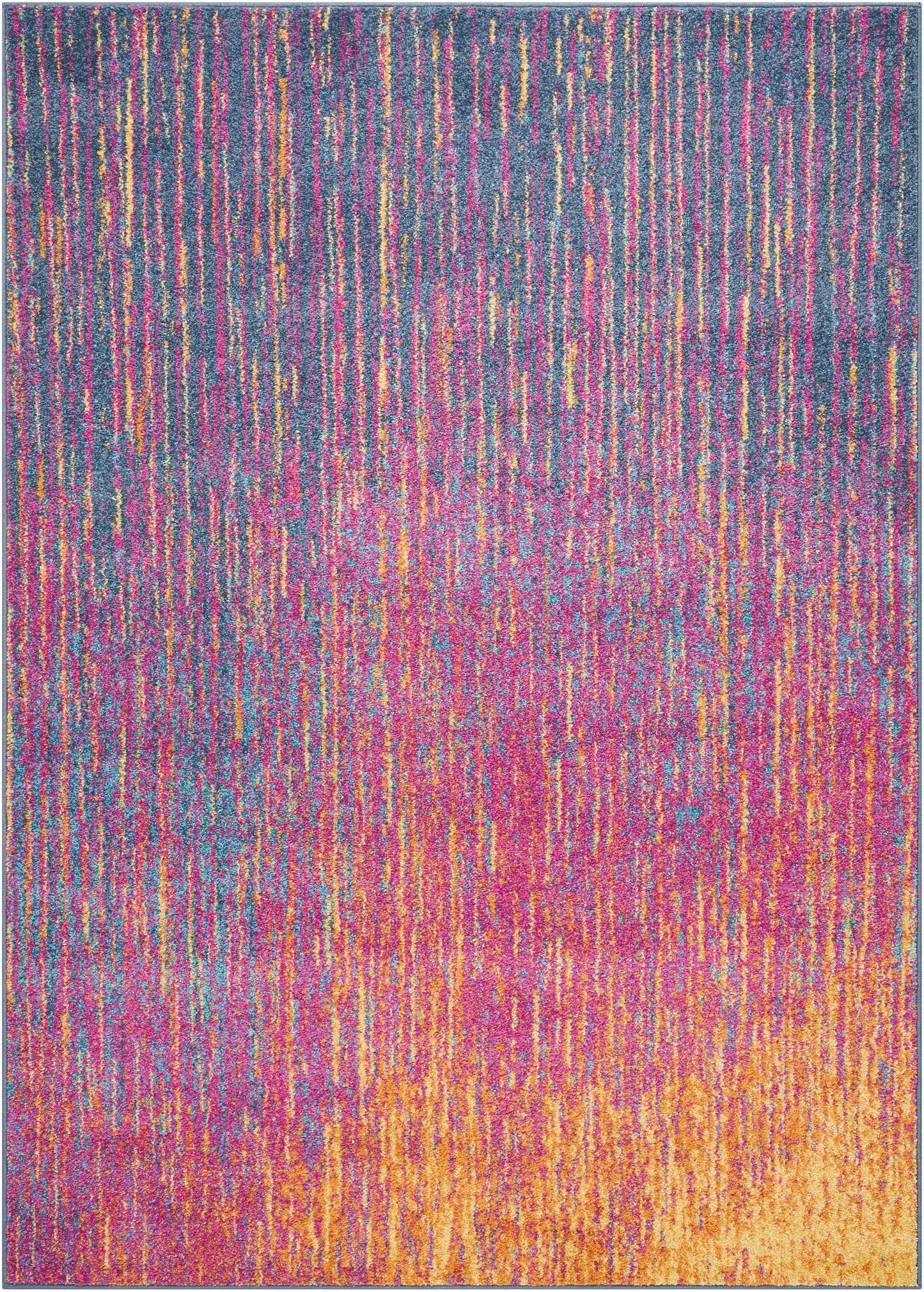 Abstract striped area rug with vertical multicolor lines in blue, purple, pink, orange and yellow; gradient warm to cool. Size 7' x 10'.