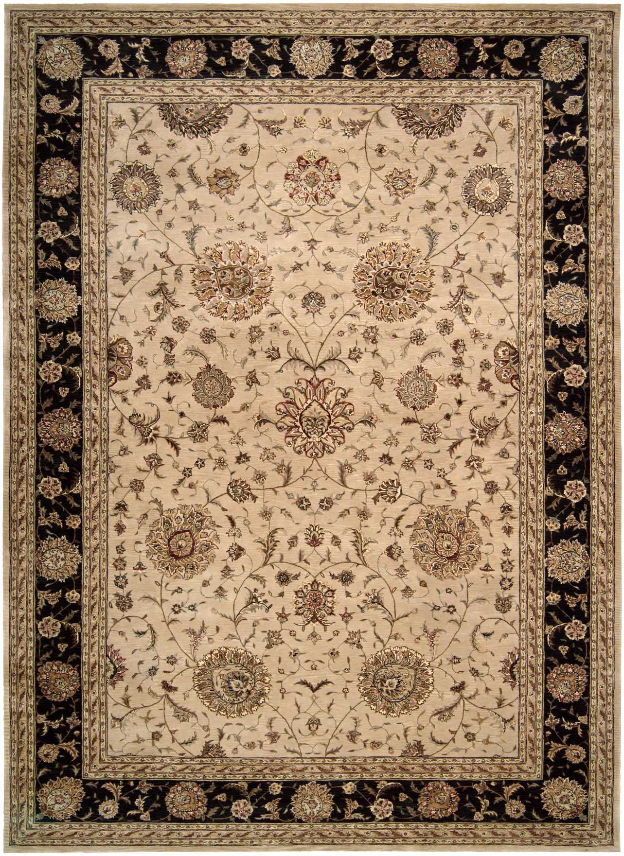 Beige Oriental area rug with cream floral lattice and a wide black border featuring gold floral motifs.