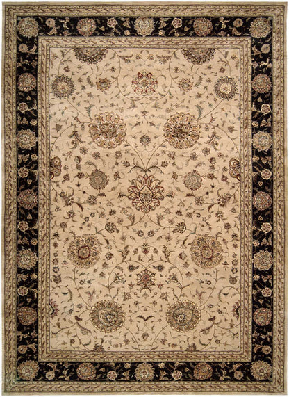 Beige Oriental area rug with cream floral lattice and a wide black border featuring gold floral motifs.