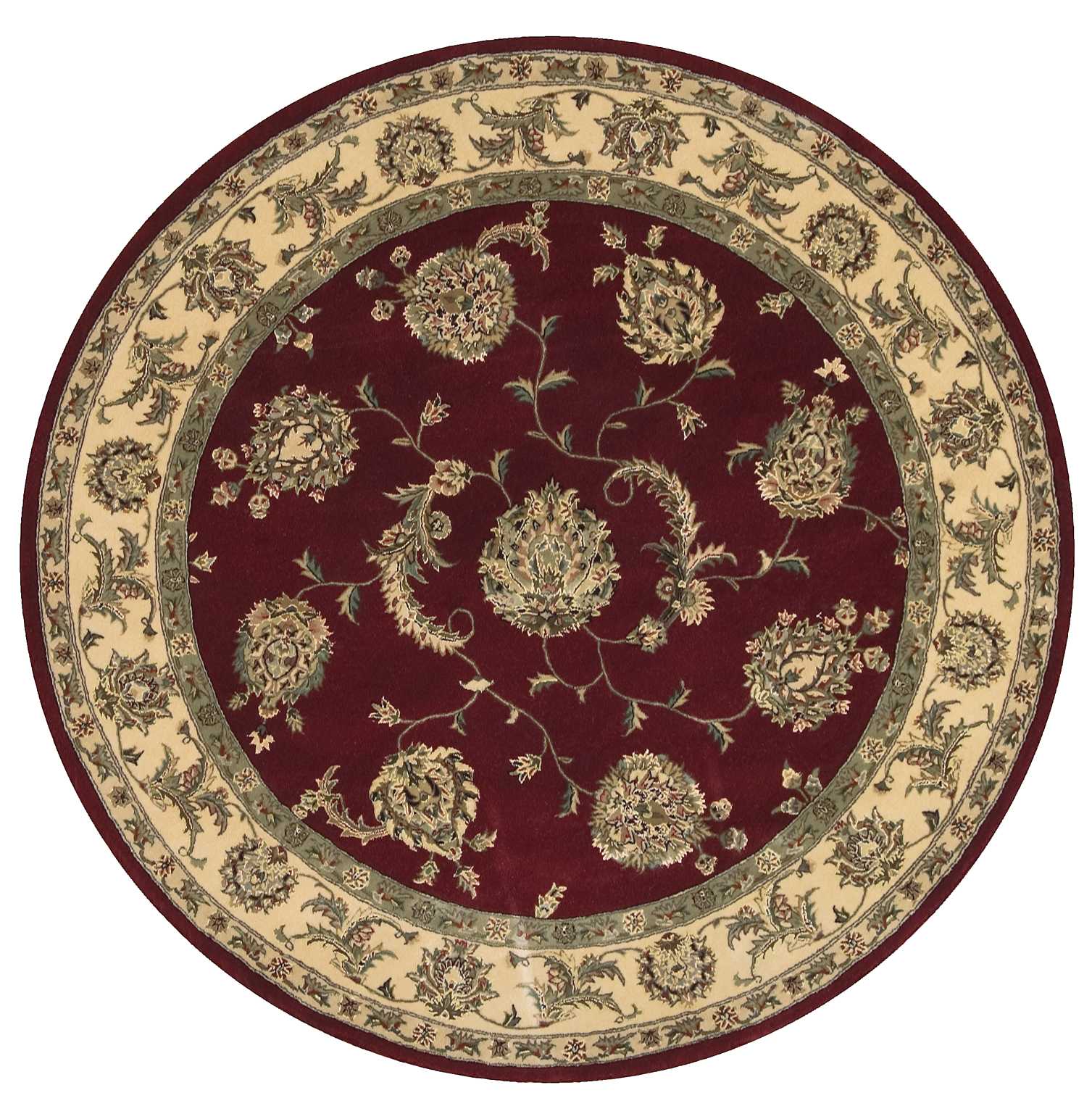 Round burgundy rug with cream-gold border and floral medallions; traditional Persian-style oriental rug.