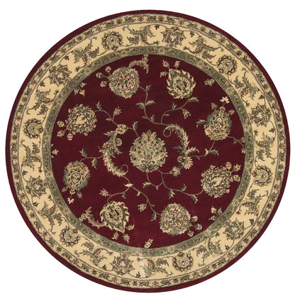 Round burgundy rug with cream-gold border and floral medallions; traditional Persian-style oriental rug.