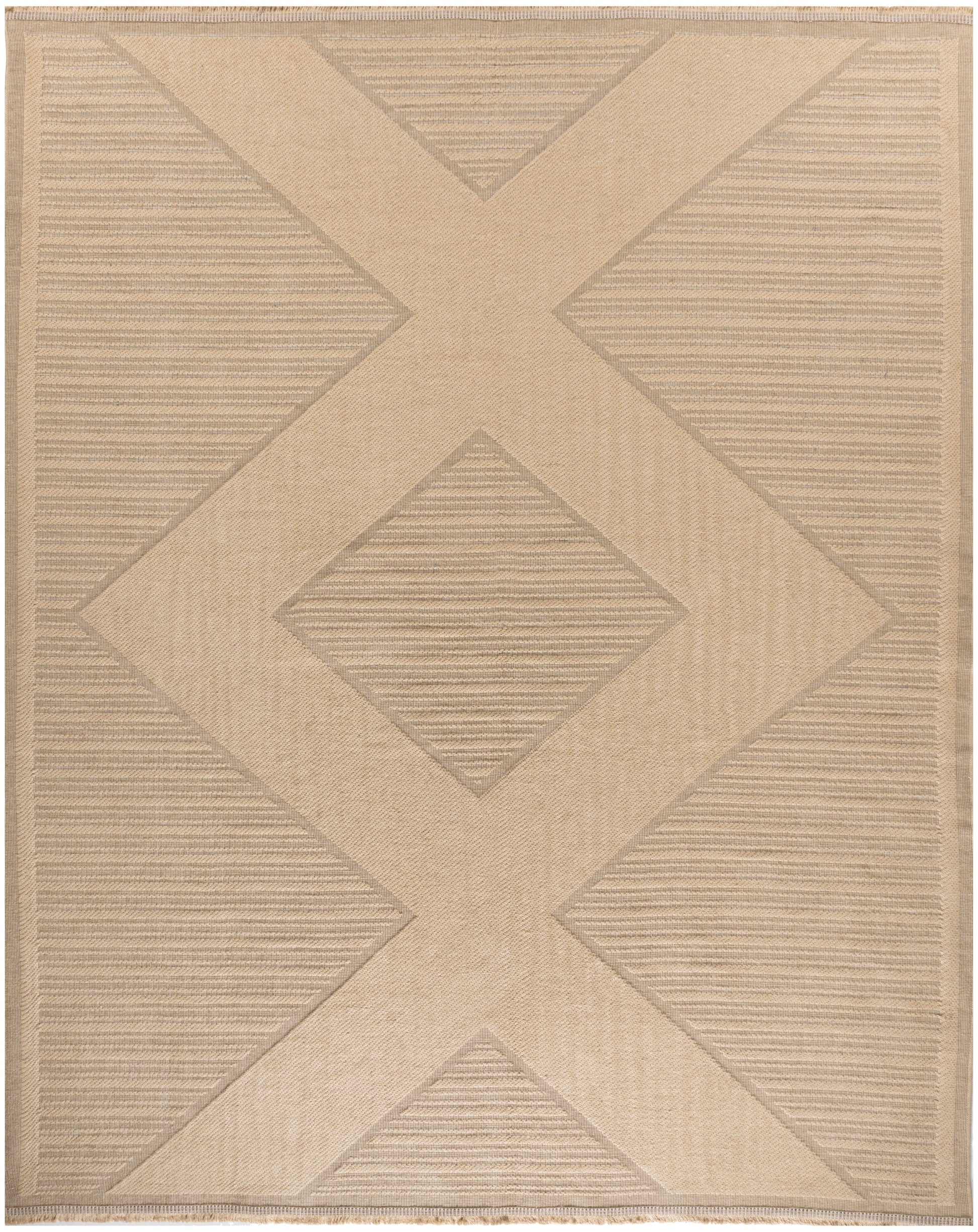 Beige woven rug with a large X motif and central diamond, striped panels for a modern neutral look.